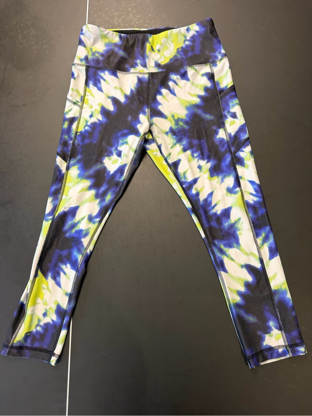 Women’s Medium Tie-Dye Active Leggings - Blue, White & Lime